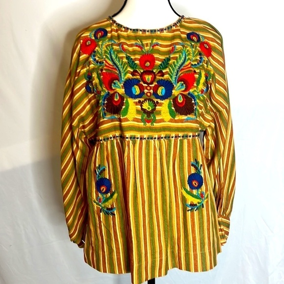 Ivy Jane Floral Embroidered Brown Stripe Blouse - Picture 1 of 5